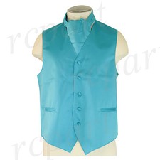 New Men's Formal Tuxedo Vest Waistcoat Ascot cravat aqua blue Prom wedding