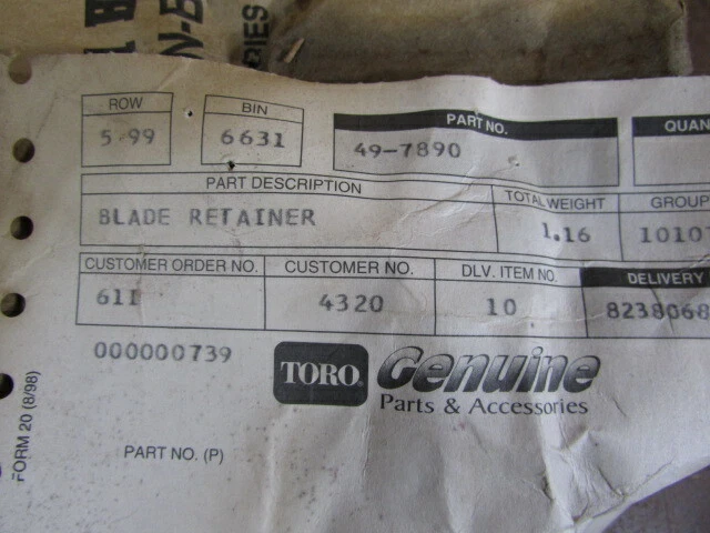 NOS Wheel Horse Toro Part 49-7890 Blade retainer mower lawn tractor - Image 2 of 4