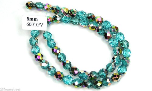 Czech Glass Fire Polished Round Faceted Beads blue Aqua Vitrail coated 16"strand - Picture 7 of 9