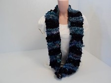 Handcrafted Wrap Cowl Blue Black Recycled Silk Ribbon Female Striped