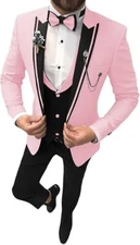 Wangyue Men's Suit Slim Fit 3 Piece Pink XL 44R 36W Peak Lapel 1 Button