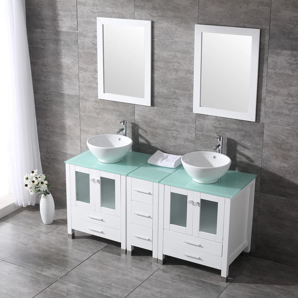 60" Bathroom Vanity Wood Cabinet Ceramic Vessel Sink Faucet w/ Mirror&Glass Top - Image 2 of 4