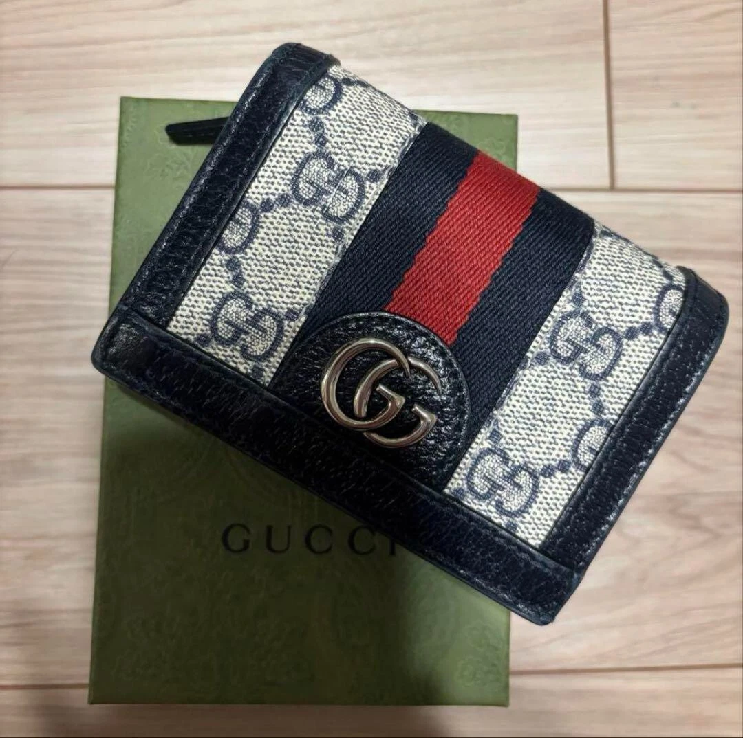 Gucci GG Supreme Sherry Line Portefeuille Bifold Toile Marine Authentique Femme Occasion