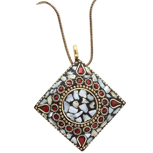 PEARL WITH RED CORAL GEMSTONE HANDMADE TIBETAN PENDANT CHAIN 17-18" - 第 1/1 張圖片
