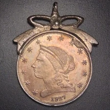 1927 India Hindu Fancy Medal. Rare U.S. Liberty/Eagle gold plated token/pendant.