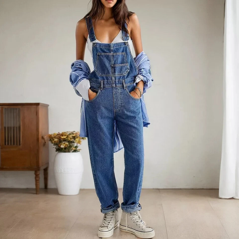 Damen Latzjeans Latzhose Denim Jumpsuit Baggy Overalls Jeanshosen Trägerhosen Ne - Bild 2 von 4