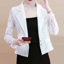 Women Lace Splice Cardigan Suit Blazer Coat Jacket Hollow Out Shrug Bolro