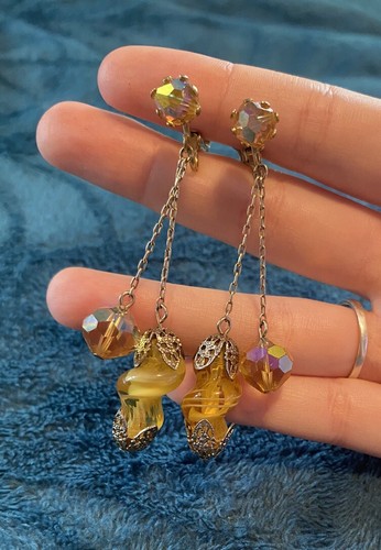 Orecchini Vintage Clip-On Vetro Soffiato Oro Giallo Vetro Arte Pendente Strass - Foto 3 di 10