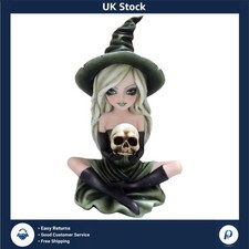 Image of Enchanting Witch Figurine Holding Skull Ornament Hand-Painted Resin 16.5cm