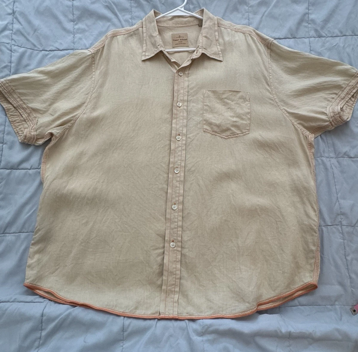 Tommy Bahama XXL 100% Linen Button Down Shirt Golden Sand Yellow Coral Stitching