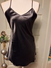 Ladies Fashion S/4 Black Satiny Lingerie Nightgown V-neckline Deep Lace V-back