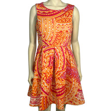 Sandra Darren Sz 8 Fit & Flare Dress Orange & Pink Paisley Scuba Knit Dopamine