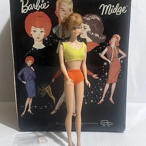 Vintage 1960's Mattel Midge Red Hair Swimsuit Heels And Carrying Case
