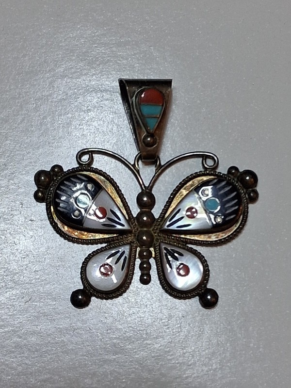 Zuni 2" Buttfly Pendant (5.40)  Artist Signed L. AHIYITE Sterling Silver 925