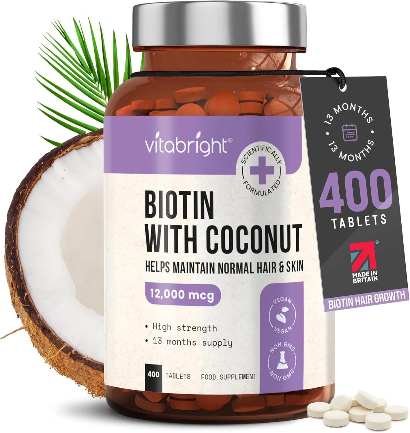 VitaBright Biotin 12000mcg Hair Growth Vitamins 400 Tablets Vegan High Strength