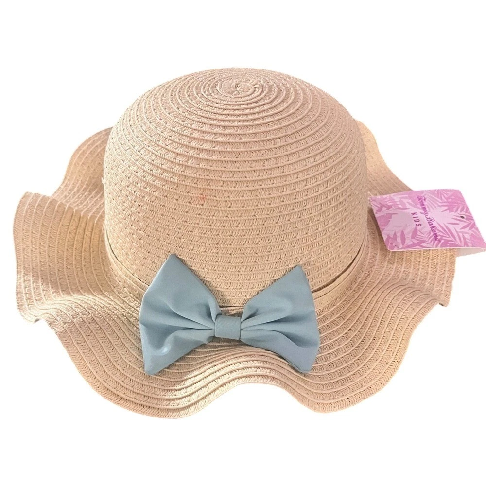 Tommy Bahama Kids Straw Sun Hat with Blue Bow Floppy Brim Beach Vacation NWT