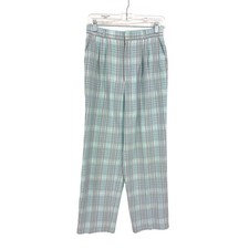 Vintage 90s Pants Womens 27" Straight Leg Pleated Front Blue Gray Plaid Cropped