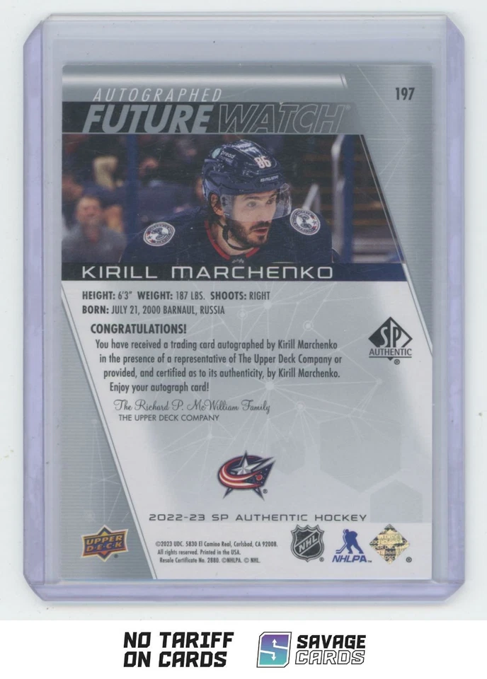 2022-23 SP Authentic Future Watch Auto Kirill Marchenko /999 #197 Columbus Blue - Image 2 of 3