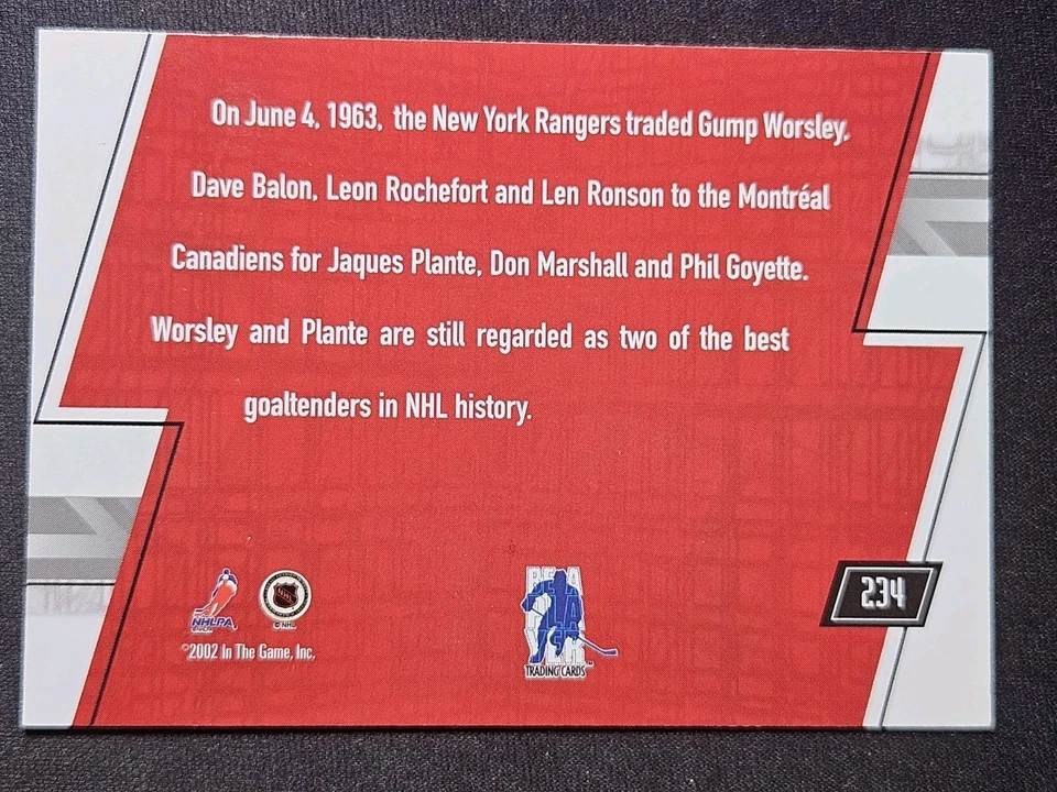 2002 In The Game Jacques Plante Gump Worsley Big Deal - Image 2 of 2