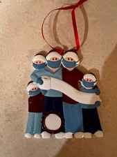 Christmas Ornament Masked family of 5 And Space For Personalization.