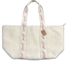Victoria's Secret PINK Sherpa Tote Large Plush Shoulder Bag Ivory White Zip Top