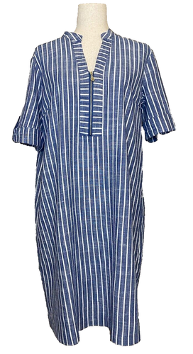 Anne Klein Shift Dress Chambray White Stripe Cuff Sleeve Zip Front SZ 14 Coastal