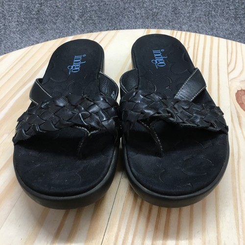 Indigo Sandals Womens 10 M Slip On Slides Black Leather Open Toe Wedge Casual - Picture 4 of 22