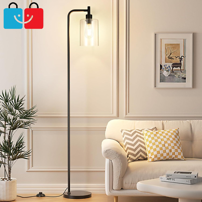 #ad Modern Industrial Floor Lamp w LED Bulb Foot Switch Glass Shade Black Metal $57.79