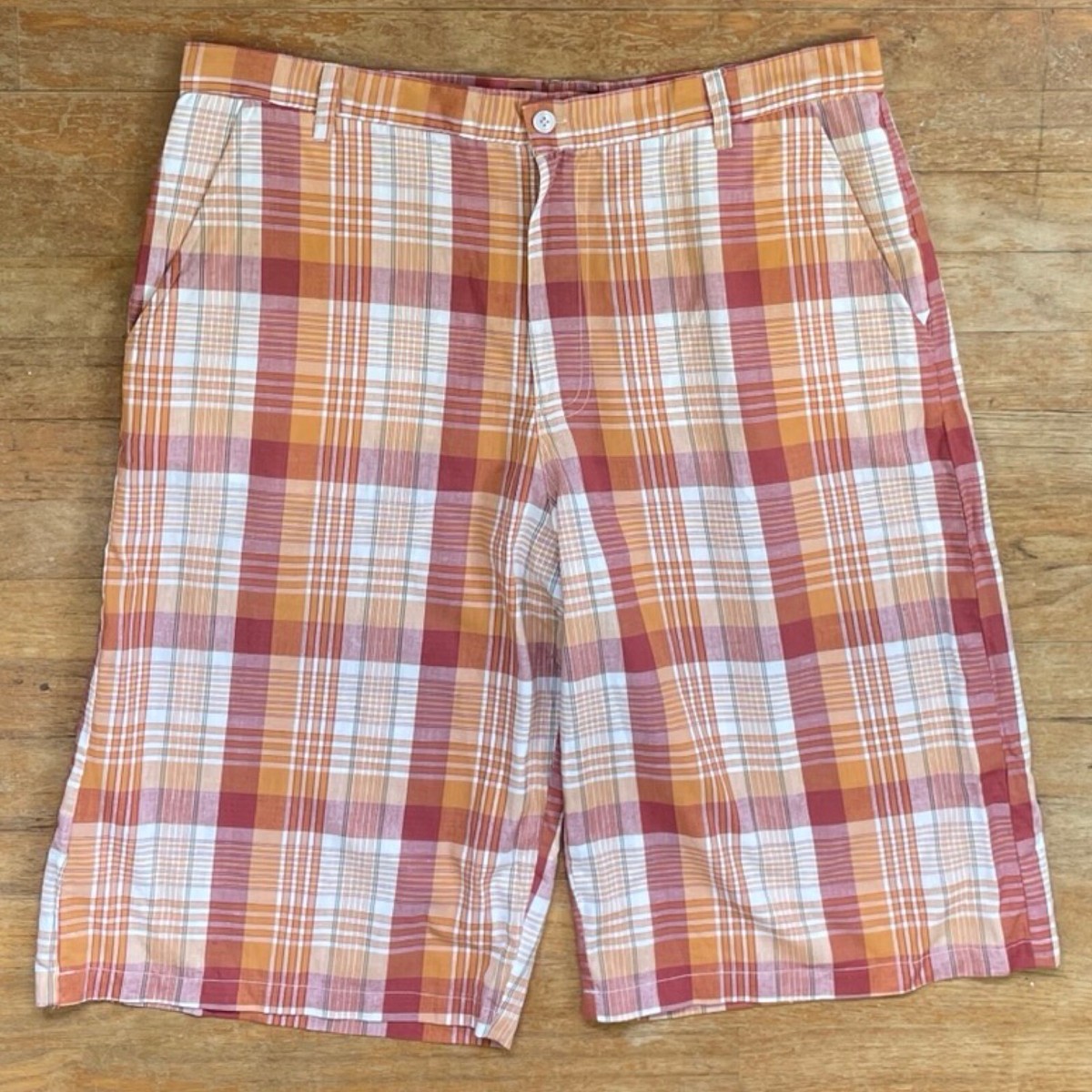 Vintage Mens Long Plaid Short Size 38 Waist 1990s Orange Tartan