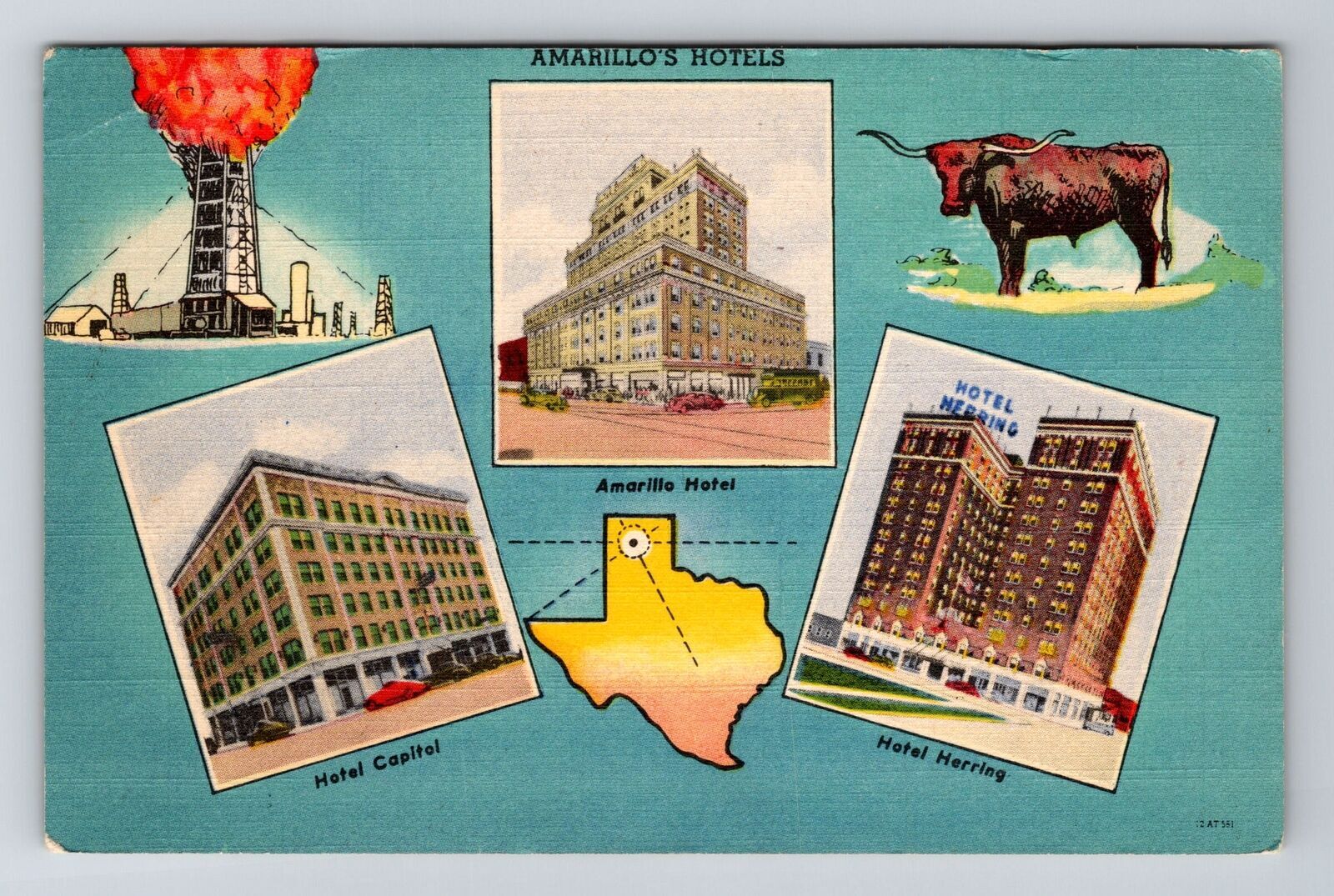 Amarillo TXTexas, Amarillo Hotels, Antique Vintage Souvenir Postcard