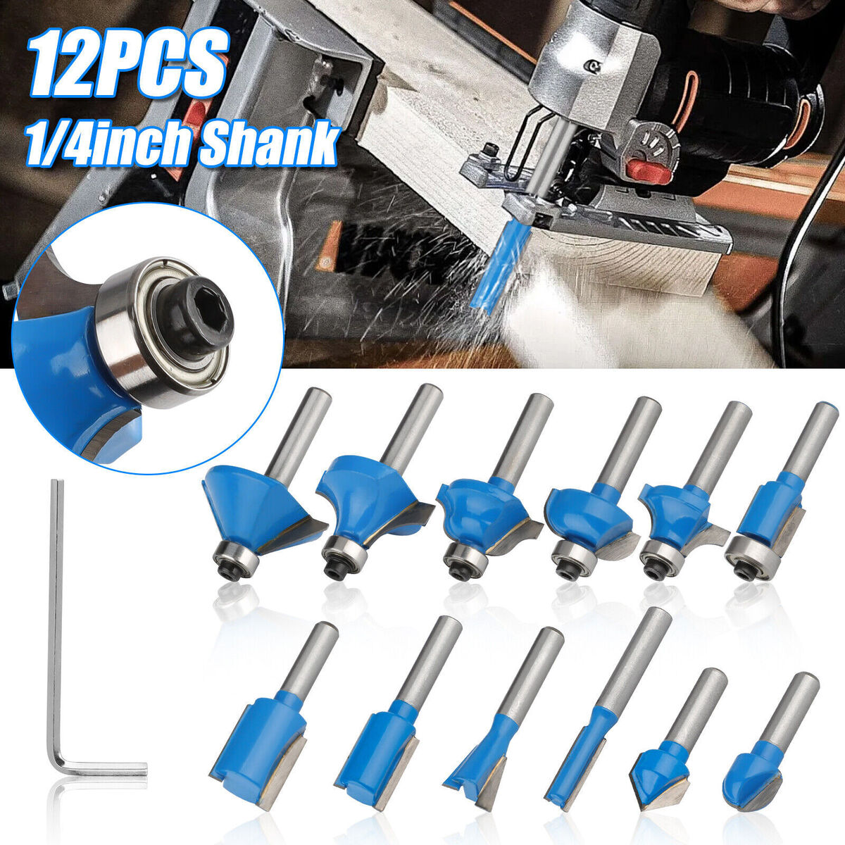 12x Router Bit kit 1/4'' Shank Tungsten Carbide Tip Router Bits Woodworking Tool 12x Router Bit kit 1/4'' Shank Tungsten Carbide Tip Router Bits Woodworking Tool