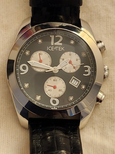 Ice-Tek Mens Chronograph Black Dial with 8 Diamonds Leather Band RD01/200014 - Picture 20 of 24