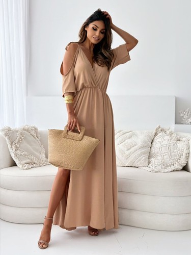 Maxi Sommerkleid V-Ausschnitt gebunden Schulterschlitz Kurzarm hoher Bund - Bild 25 von 26