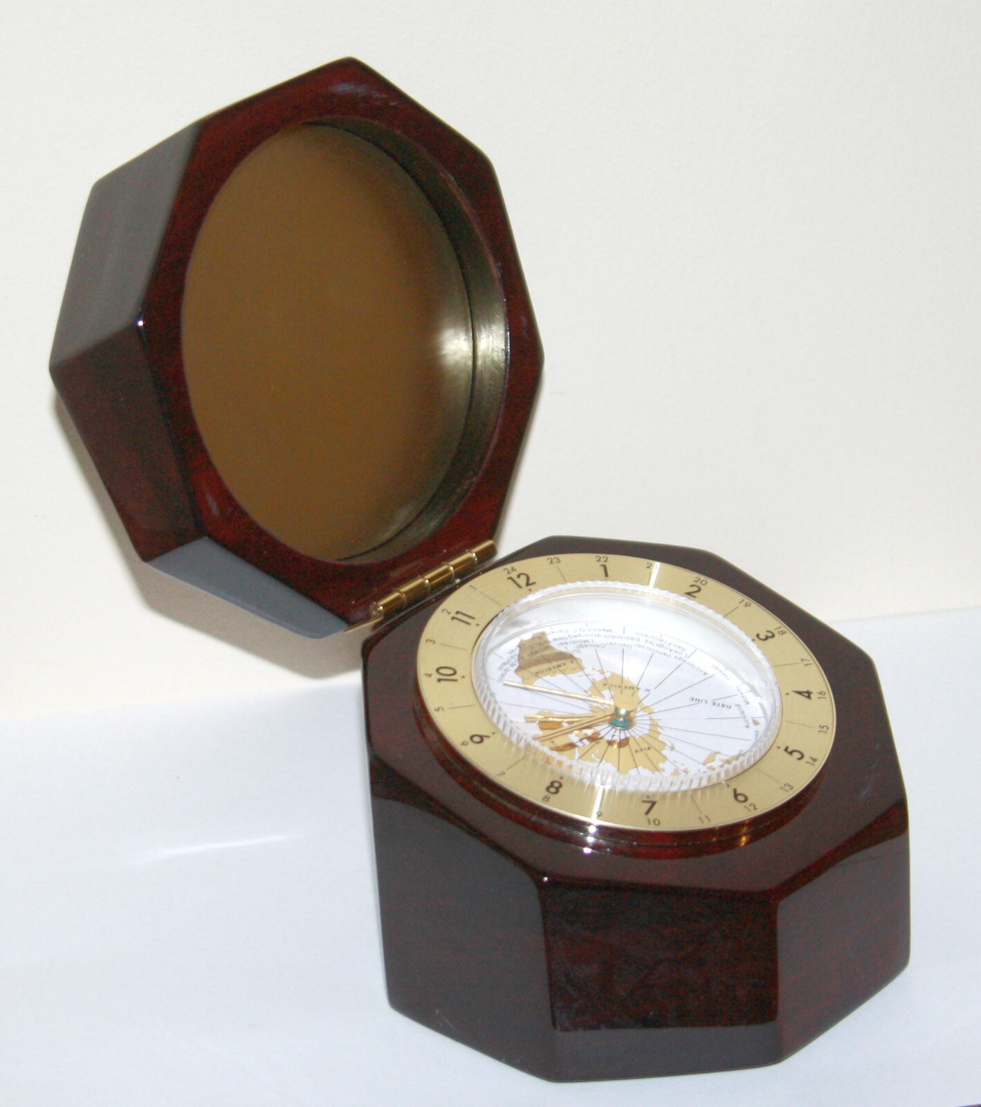 Mahogany Desk Clock piano finish octagon case box rotating map brass nautical