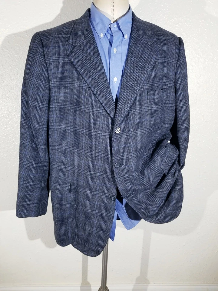 Abrigo Chaqueta Blazer 48R A Medida Azul/Negro Príncipe de Gales Lona Tweed Deportivo Foto 3 de 4