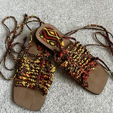 GUESS Womens Rd/blk Braided Strappy Rayana Square Toe Lace-Up Sandals Shoes 5.5