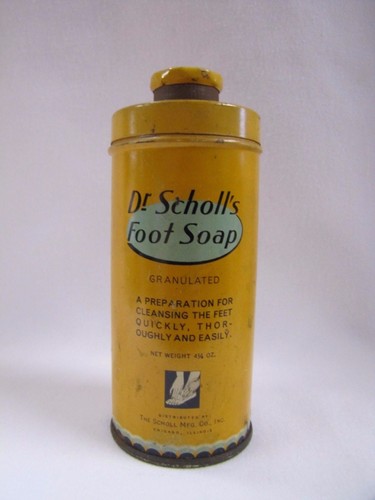 Dr Scholls Foot Soap Canister Tin Antique 1939 Dr Scholl's Granulated Foot Soap