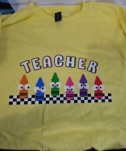 Womens Yellow Teacher T-Shirt w 7-Colors of Crayons ~ Gildan Softstyle M-XL - Picture 2 of 8