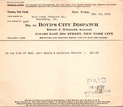 Boyd's City Dispatch New York NY 1930 Billhead Advertising Marketing Lists