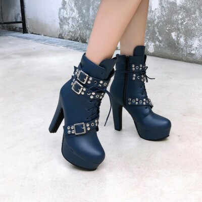Women Punk Black Ankle Boots High Block Heel Platform Round Toe Buckle Shoe Size
