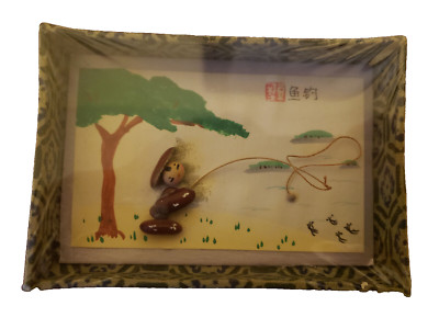 Vintage Chinese Bean Sculpture / Man Fishing in River / Yang jing Bean Art