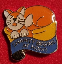 Vintage Enamel Cat Pin Badge Charity Begins at Home Global Cancer Care Boxed