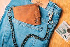 Cartera de cadena doble pliegue para hombre de cuero seguro cierre de bucle billetera RFID