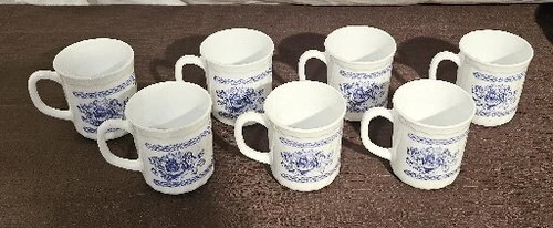Arcopal France  Set of 7 Blue Floral Glass Cups Mugs Lot of Seven (7)