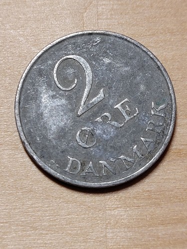Denmark 2 Ore coin, 1971. KM# 840, zinc. Monogram of King Frederick IX.
