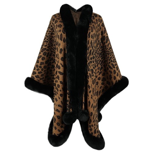 2024 Invierno Grueso Cálido Poncho Cuello de Piel Capa Abrigo Mujer Vintage Leopardo Suéter - Imagen 3 de 8