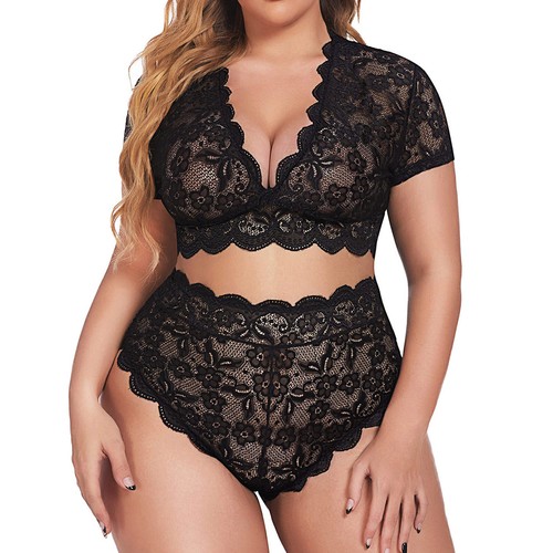 Lencería sexy talla grande cuello en V cintura alta floral encaje cruzado y pantillas - Imagen 11 de 42