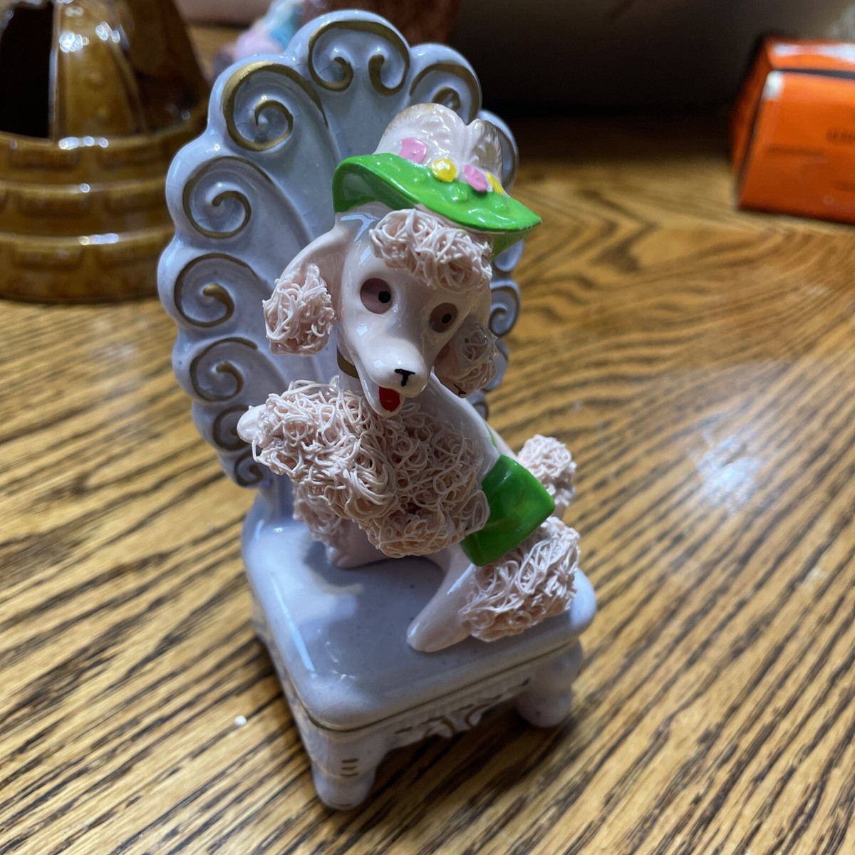 VINTAGE SHAFFORD FRENCH SPAGHETTI POODLE FIGURINE BLUE CHAIR JAPAN