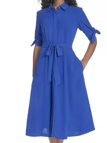 Gorgeous NWT Calvin Klein Tie Waist Button Shirt Dress w/Pockets, Blue, sz 8 - Picture 2 of 12