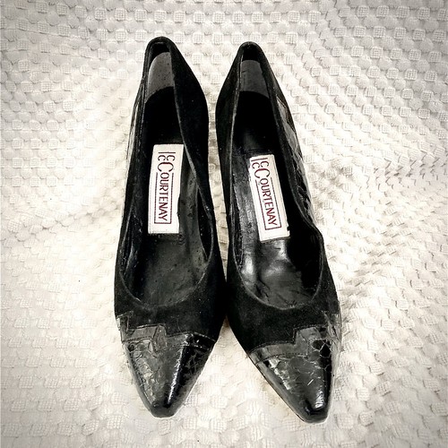 Zapatos de salón CC Courtenay 6,5 M vintage de piel de serpiente y gamuza de tacón negro hechos en Hong Kong - Imagen 6 de 12